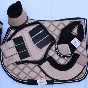 Glitter Rose Gold All Purpose English Saddle Pad with Matching Fly Bonnet, Boots